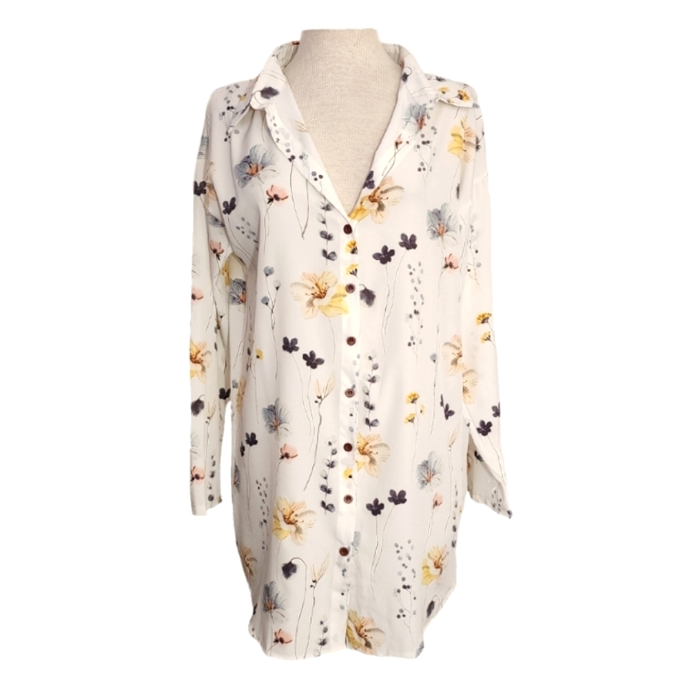 Floral Dress Long Sleeve Button Up Shirt Cream Size S